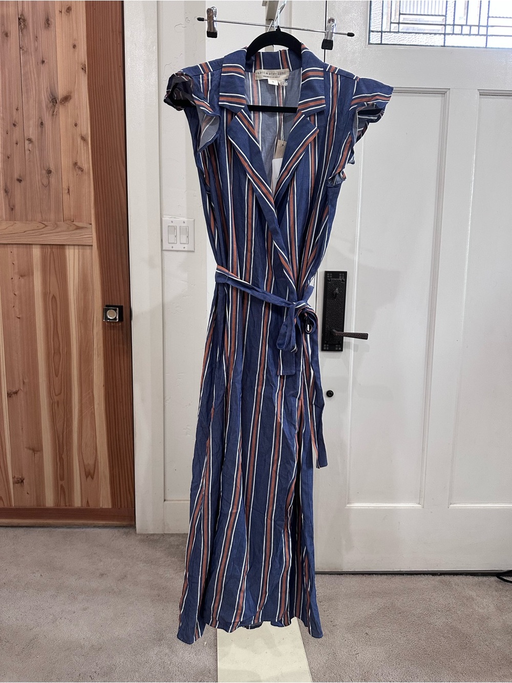 saltwater LUXE Blue Striped Wrap Midi Dress NWT